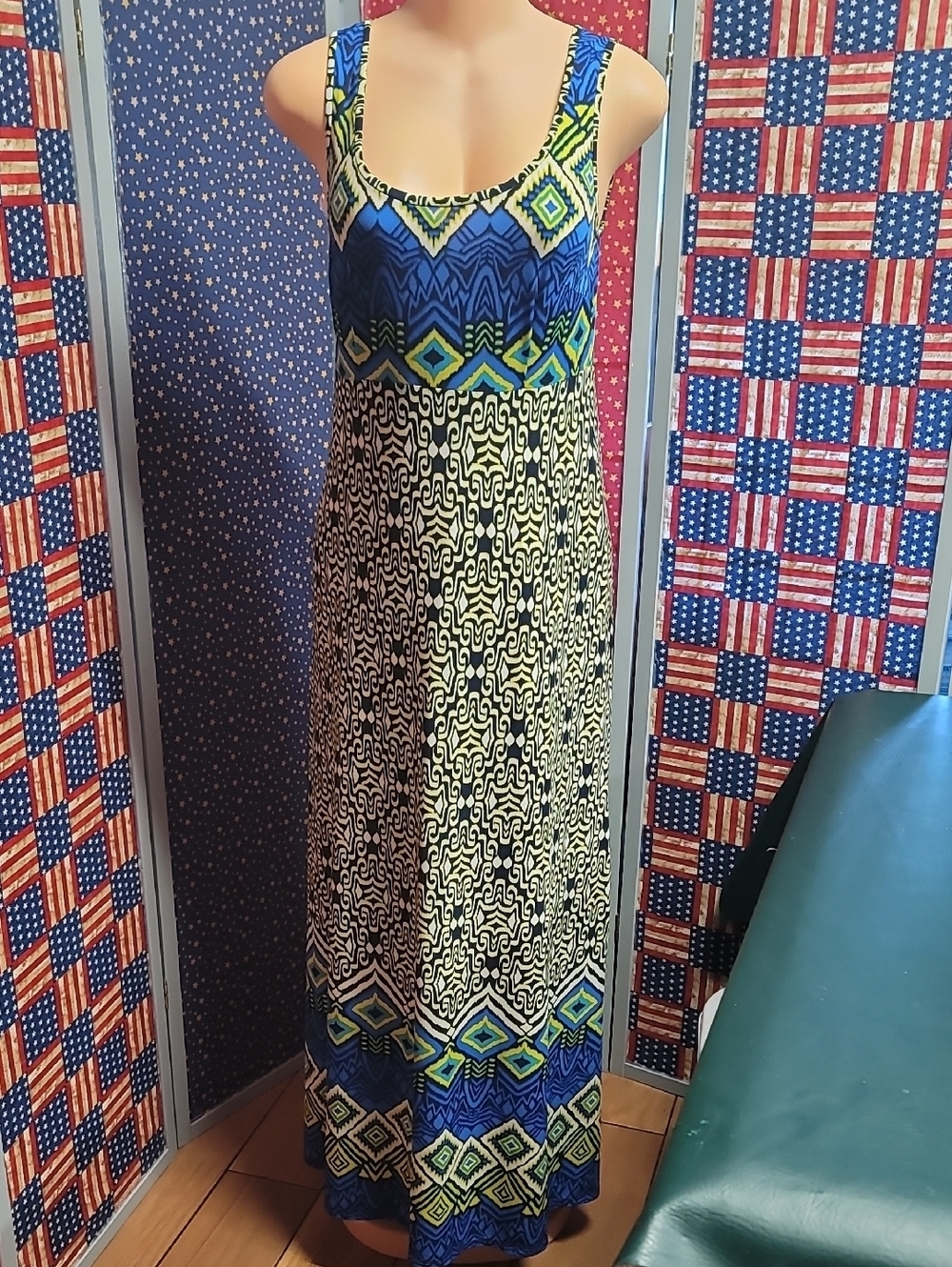 Evan Picone Blue and Green Geometric Scoop-Neck Maxi Dress